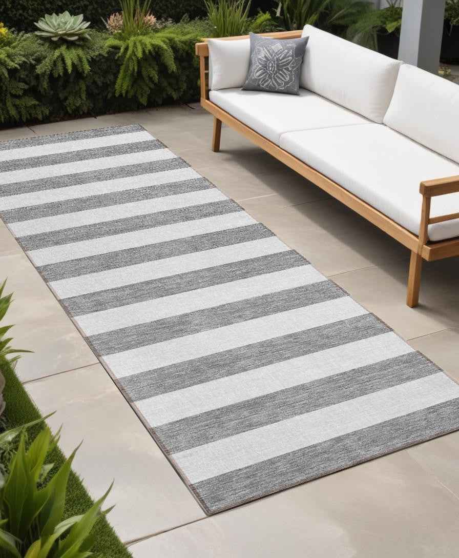 8' Runner Gray and White Striped Washable Non Skid Indoor Outdoor Runner Rug