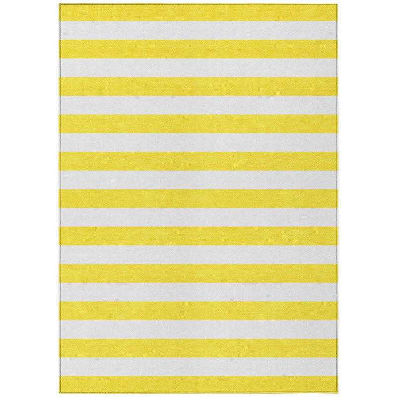 9' X 12' Yellow and White Striped Washable Indoor Outdoor Area Rug