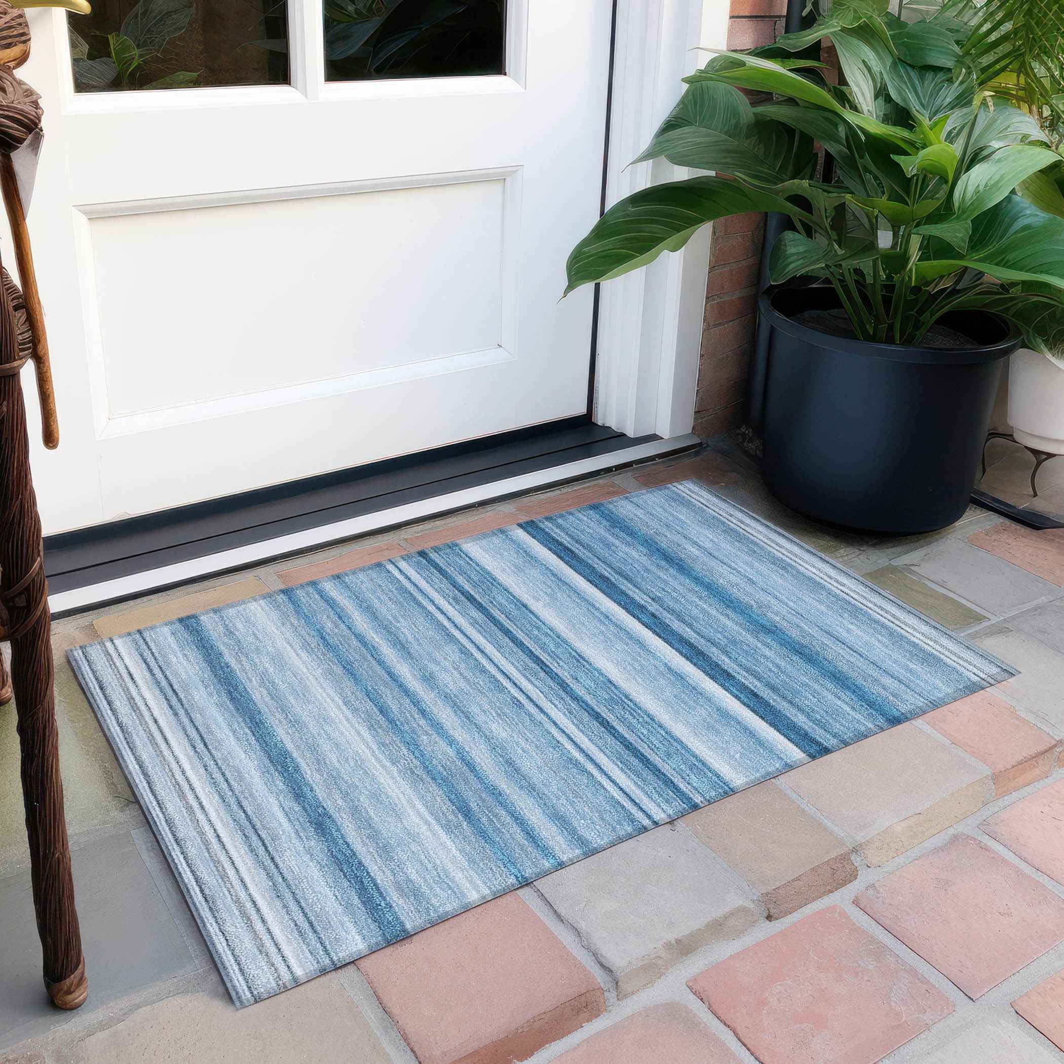 2' X 3' Blue Striped Washable Indoor Outdoor Area Rug