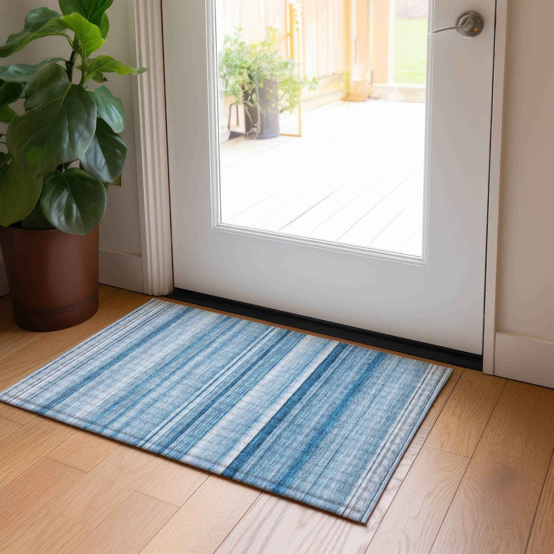 2' X 3' Blue Striped Washable Indoor Outdoor Area Rug