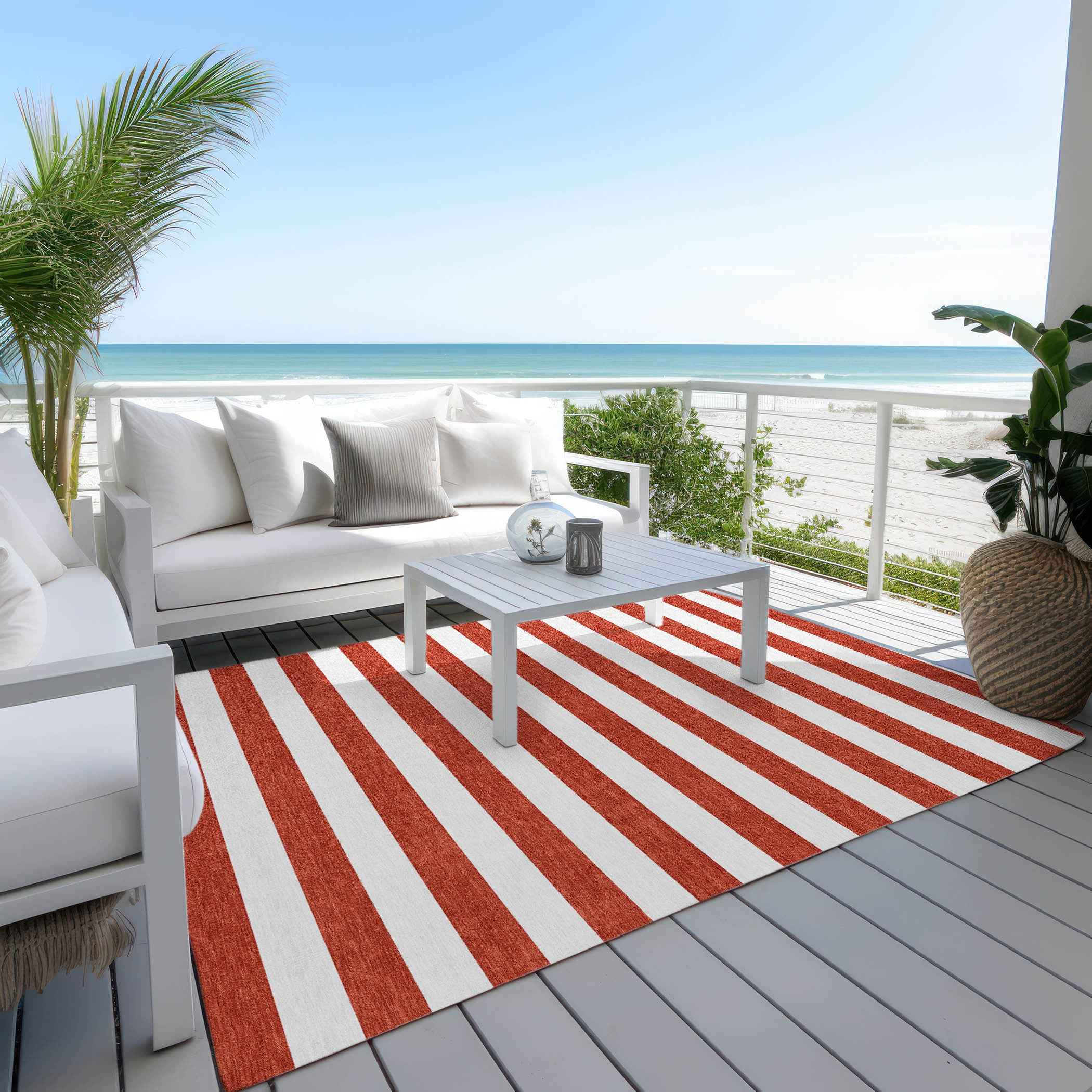 8' X 10' Red and White Striped Washable Non Skid Indoor Outdoor Area Rug