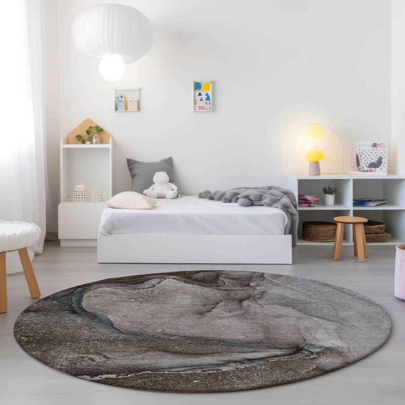 8' Round Taupe Round Abstract Washable Non Skid Indoor Outdoor Area Rug