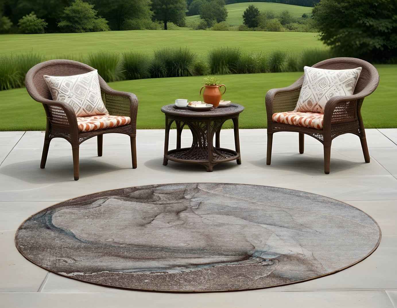 8' Round Taupe Round Abstract Washable Non Skid Indoor Outdoor Area Rug