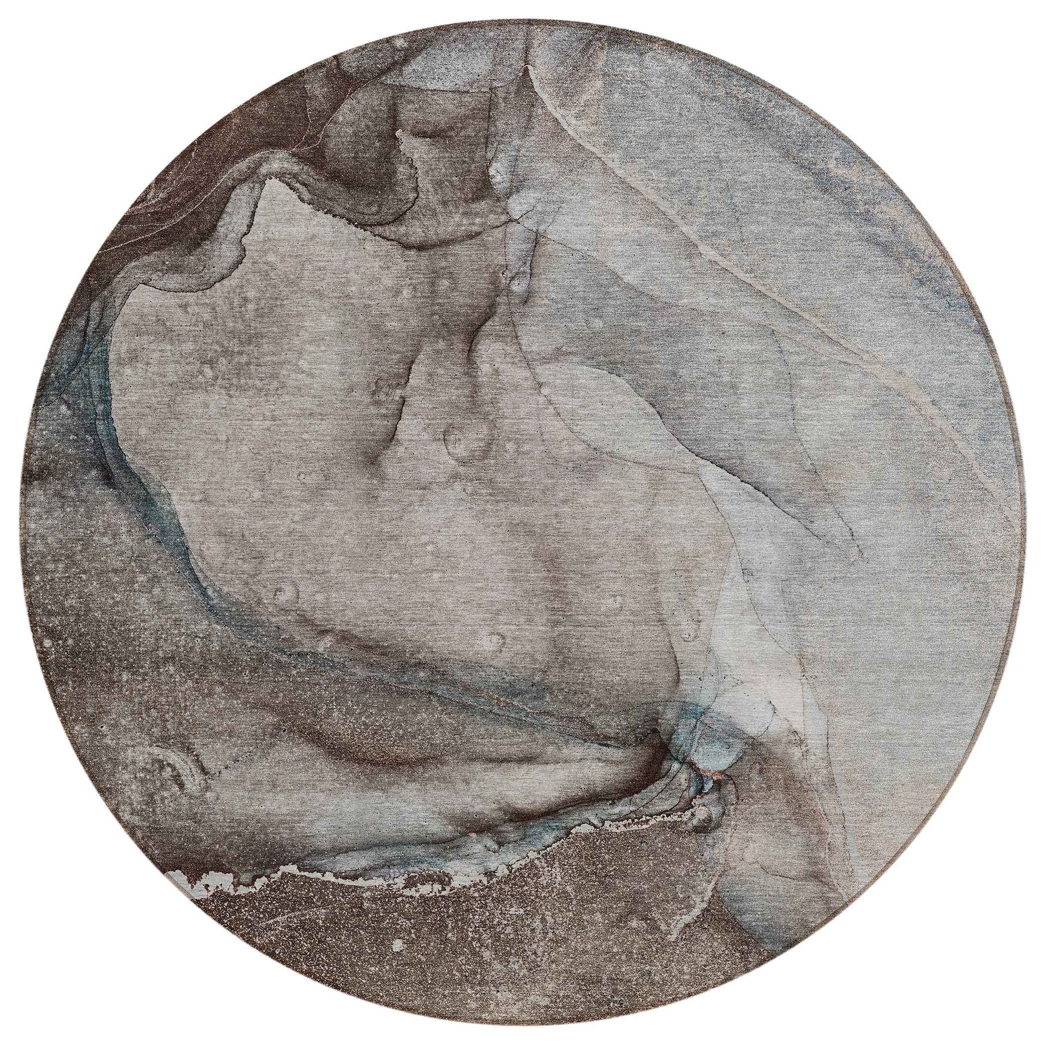 8' Round Taupe Round Abstract Washable Non Skid Indoor Outdoor Area Rug