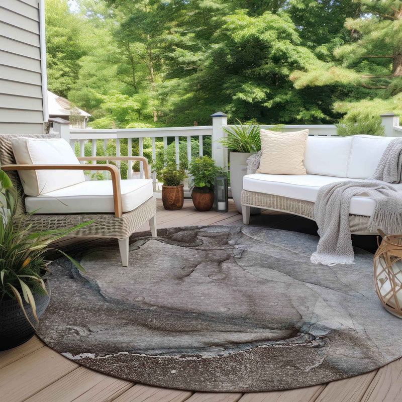 8' Round Taupe Round Abstract Washable Non Skid Indoor Outdoor Area Rug