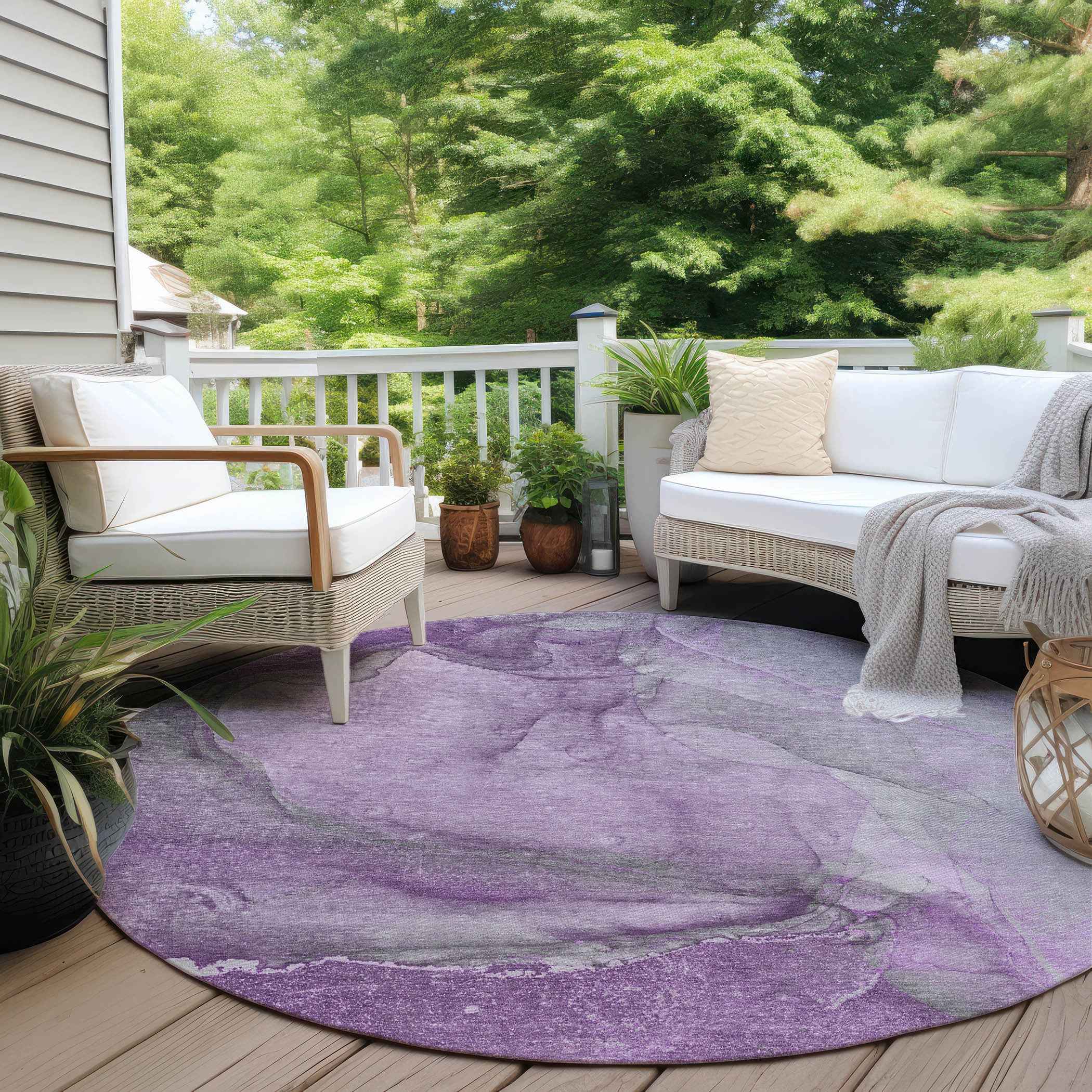 8' Round Lilac Round Abstract Washable Non Skid Indoor Outdoor Area Rug