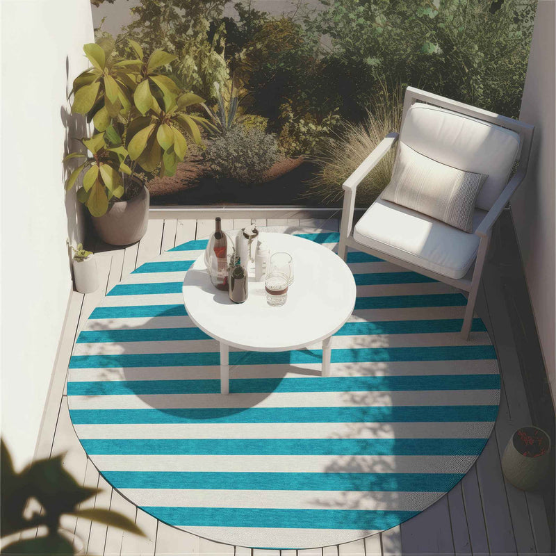 8' X 8' Teal and White Round Striped Washable Indoor Outdoor Area Rug