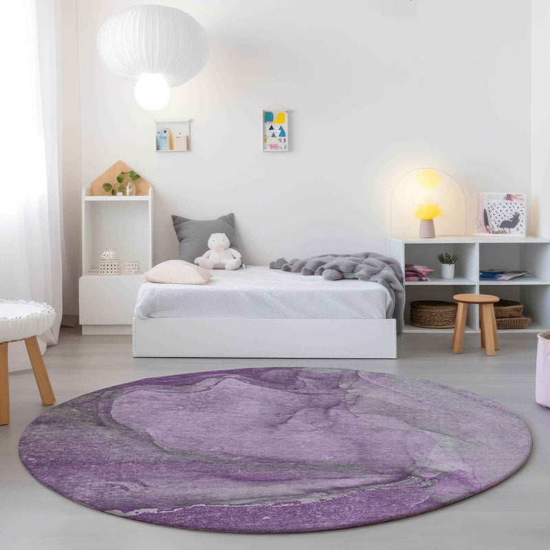 8' Round Lilac Round Abstract Washable Non Skid Indoor Outdoor Area Rug