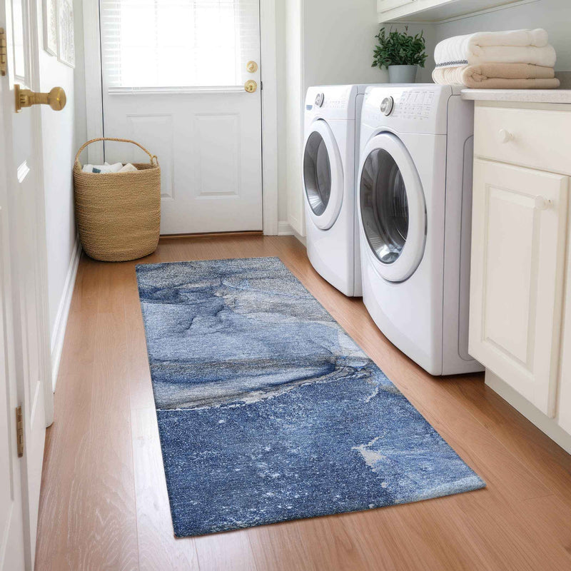 2' X 8' Navy Blue Abstract Washable Indoor Outdoor Runner Rug