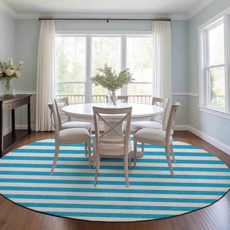 8' X 8' Teal and White Round Striped Washable Indoor Outdoor Area Rug