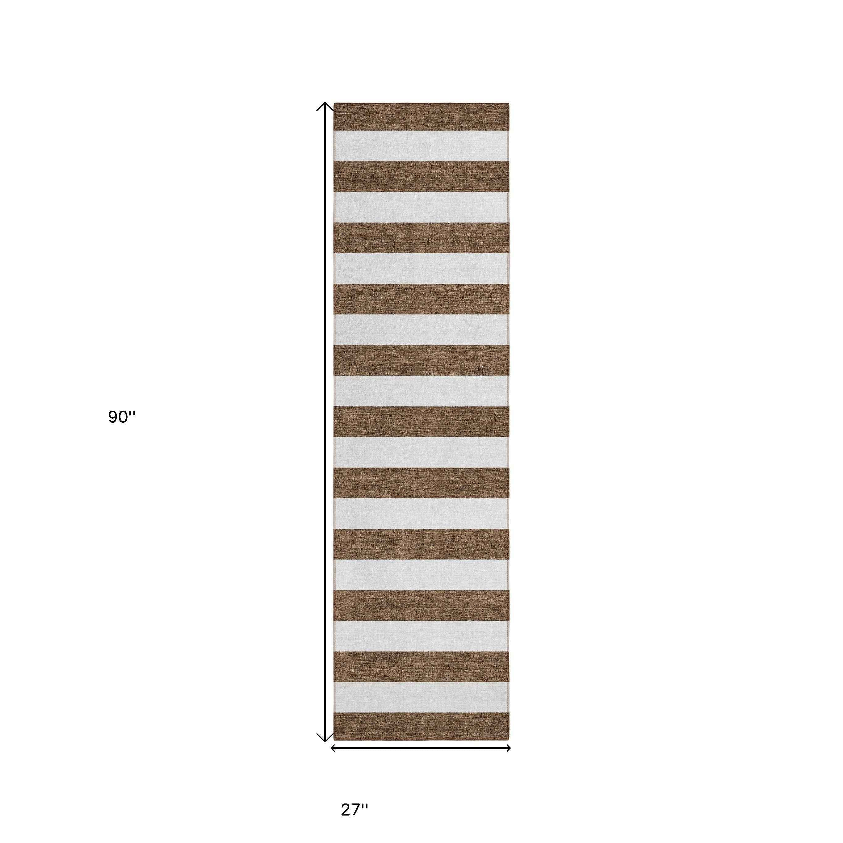 8' Runner Chocolate Striped Washable Non Skid Indoor Outdoor Runner Rug