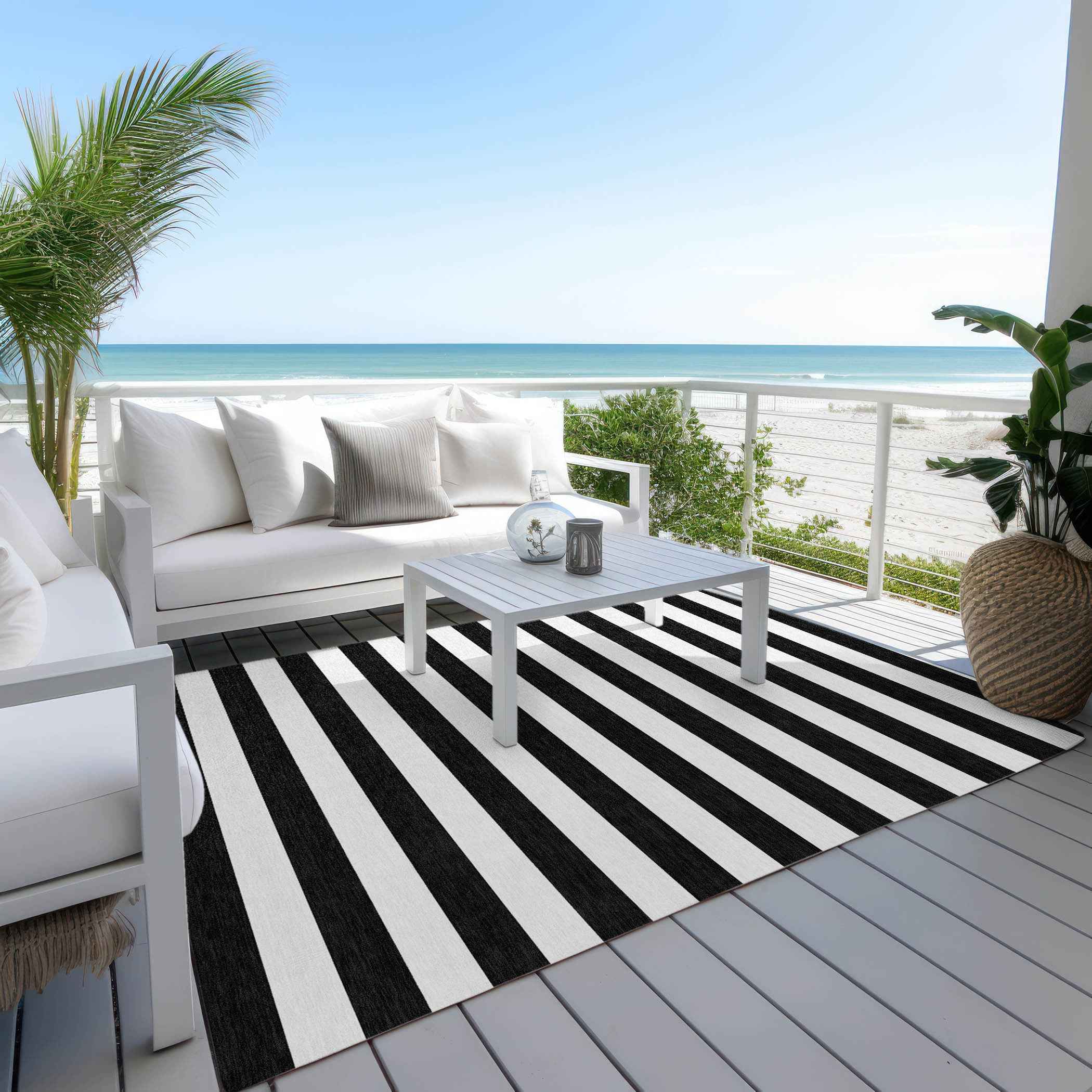 5' X 8' Black and White Striped Washable Non Skid Indoor Outdoor Area Rug