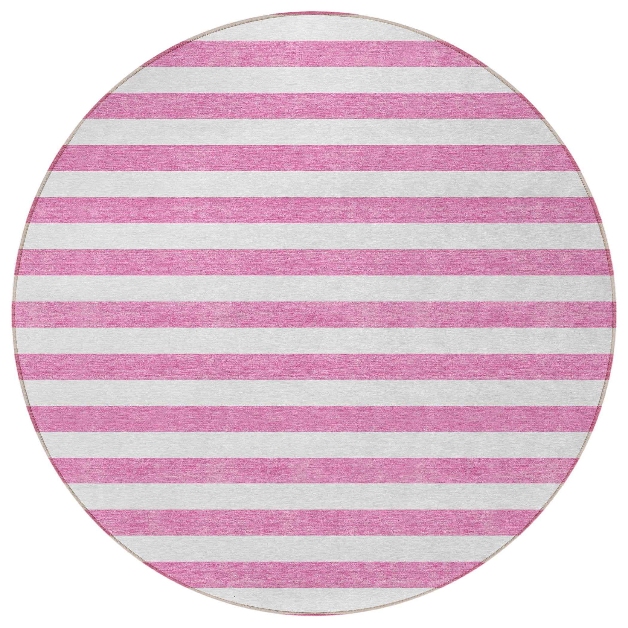 8' Round Pink and White Round Striped Washable Non Skid Indoor Outdoor Area Rug