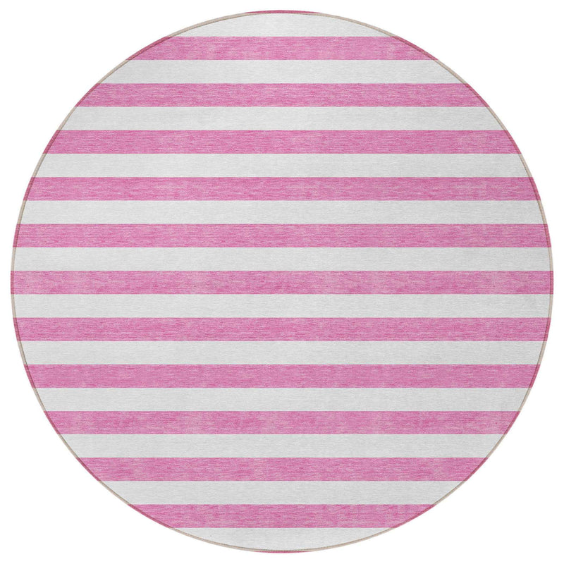 8' Round Pink and White Round Striped Washable Non Skid Indoor Outdoor Area Rug