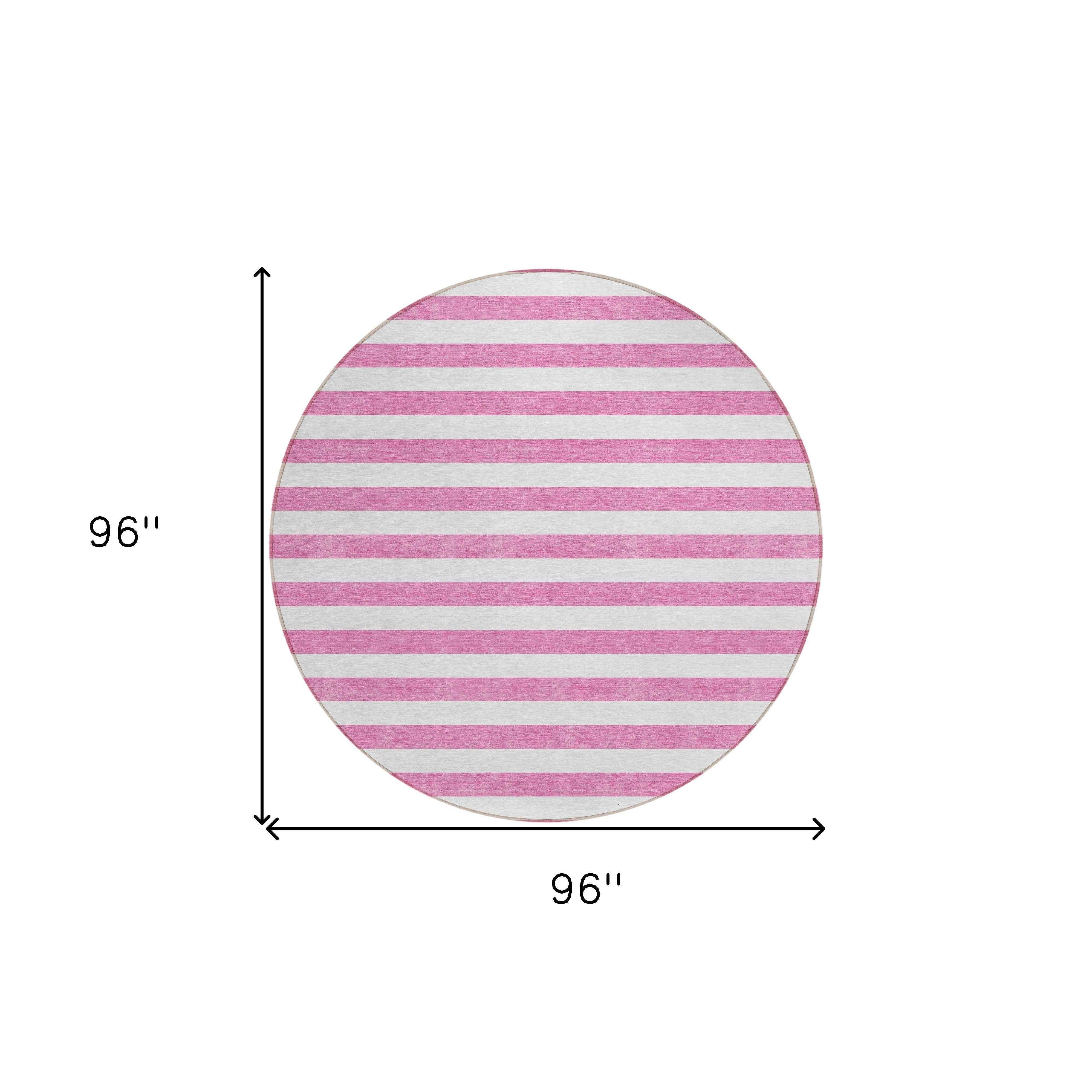 8' Round Pink and White Round Striped Washable Non Skid Indoor Outdoor Area Rug
