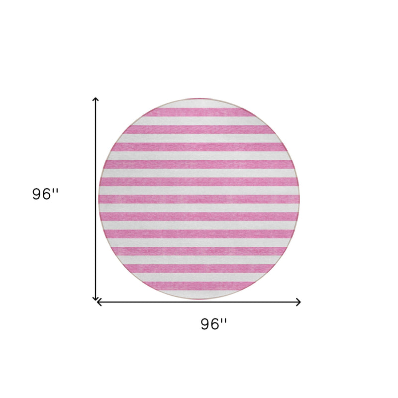 8' Round Pink and White Round Striped Washable Non Skid Indoor Outdoor Area Rug