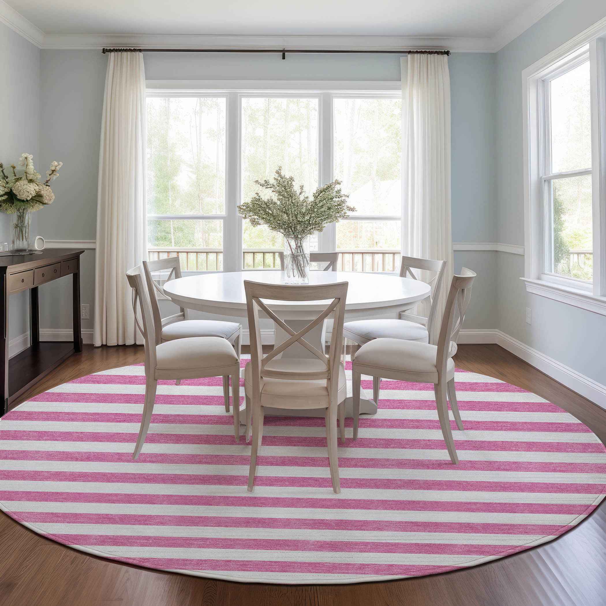 8' Round Pink and White Round Striped Washable Non Skid Indoor Outdoor Area Rug