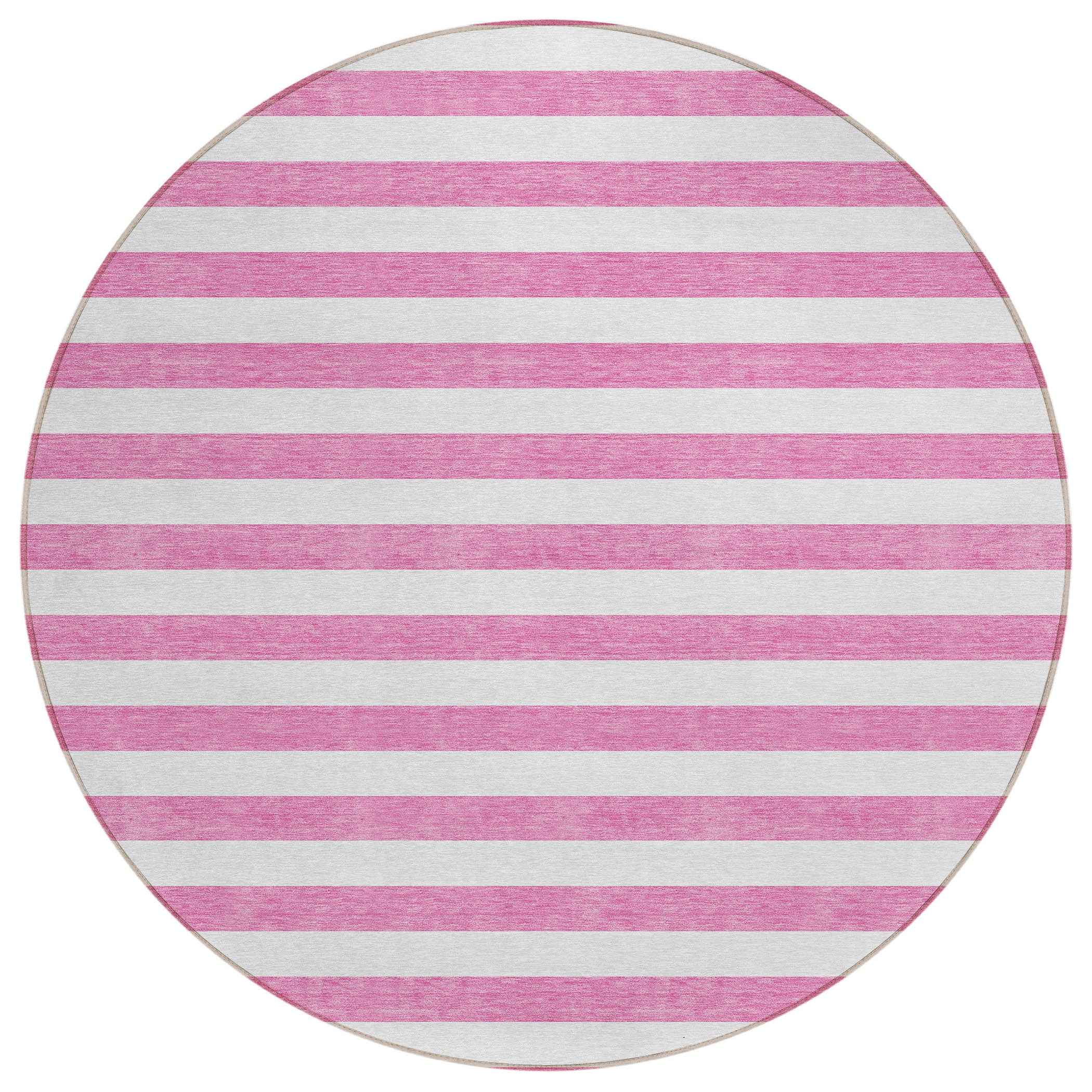 8' Round Pink and White Round Striped Washable Non Skid Indoor Outdoor Area Rug