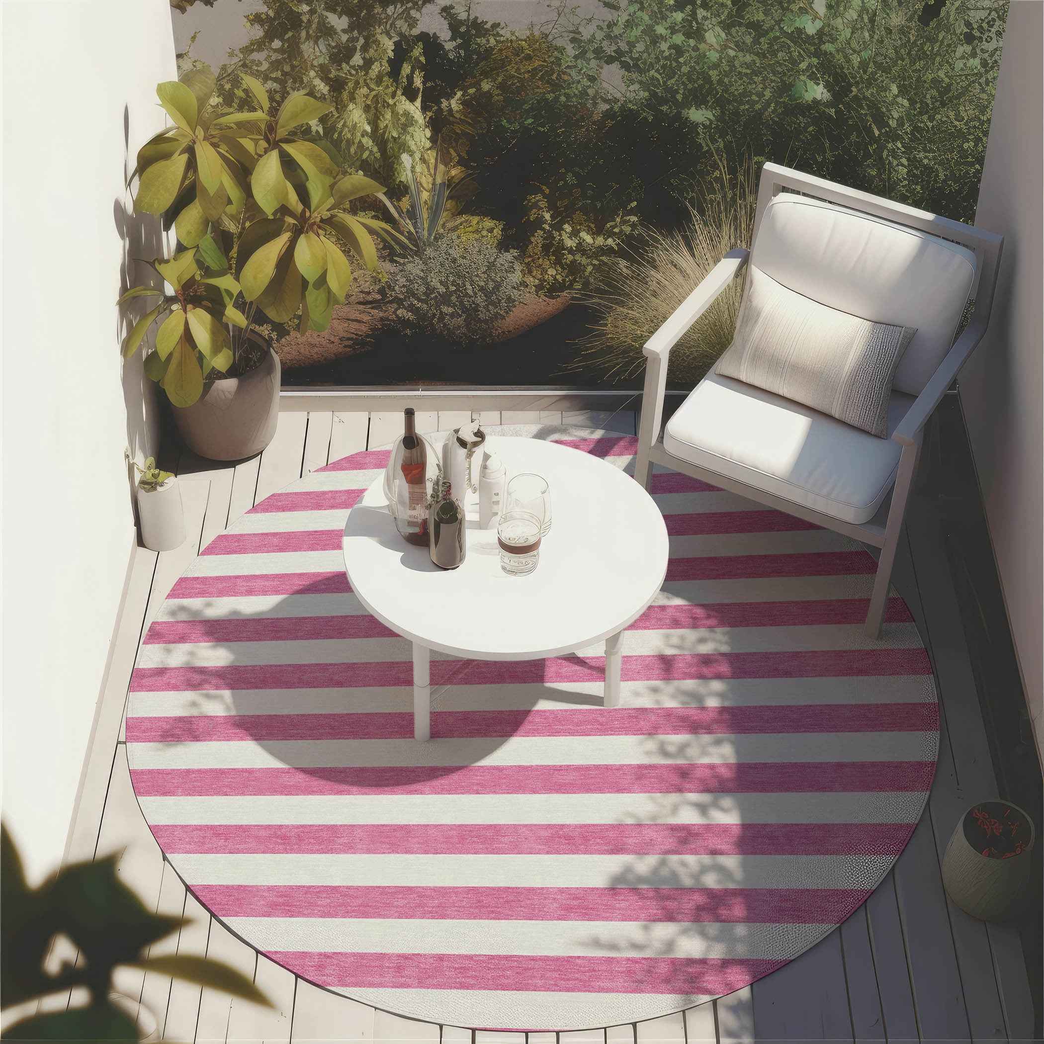 8' Round Pink and White Round Striped Washable Non Skid Indoor Outdoor Area Rug