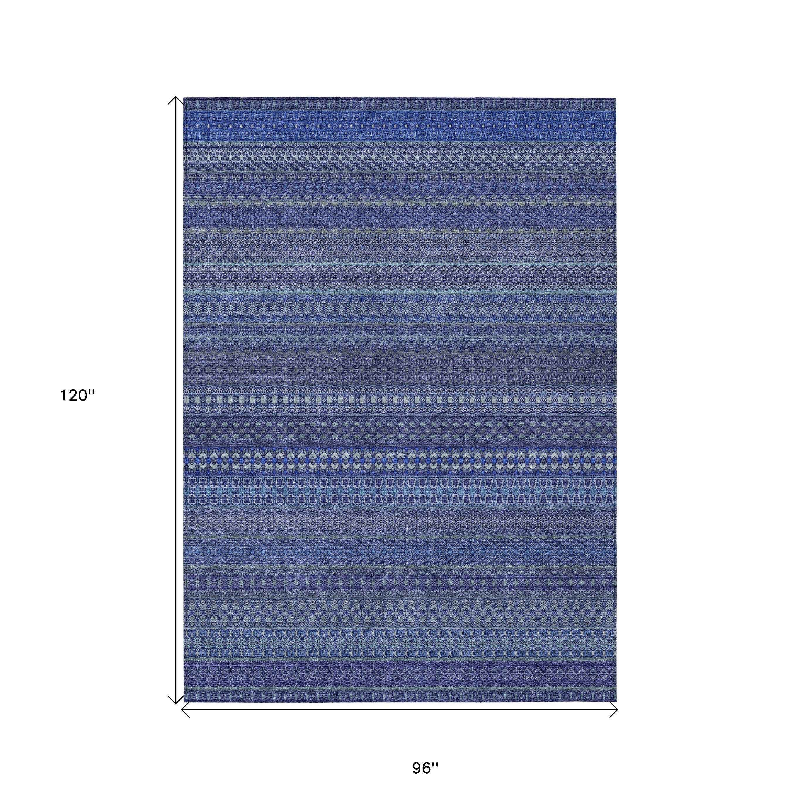 8' X 10' Navy Blue Striped Washable Non Skid Indoor Outdoor Area Rug