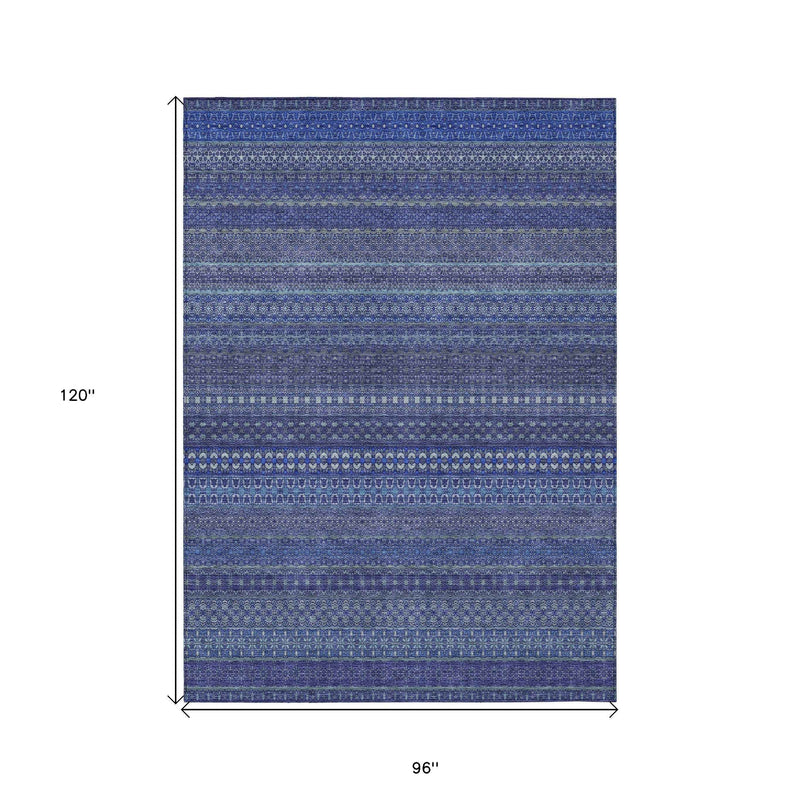 8' X 10' Navy Blue Striped Washable Non Skid Indoor Outdoor Area Rug