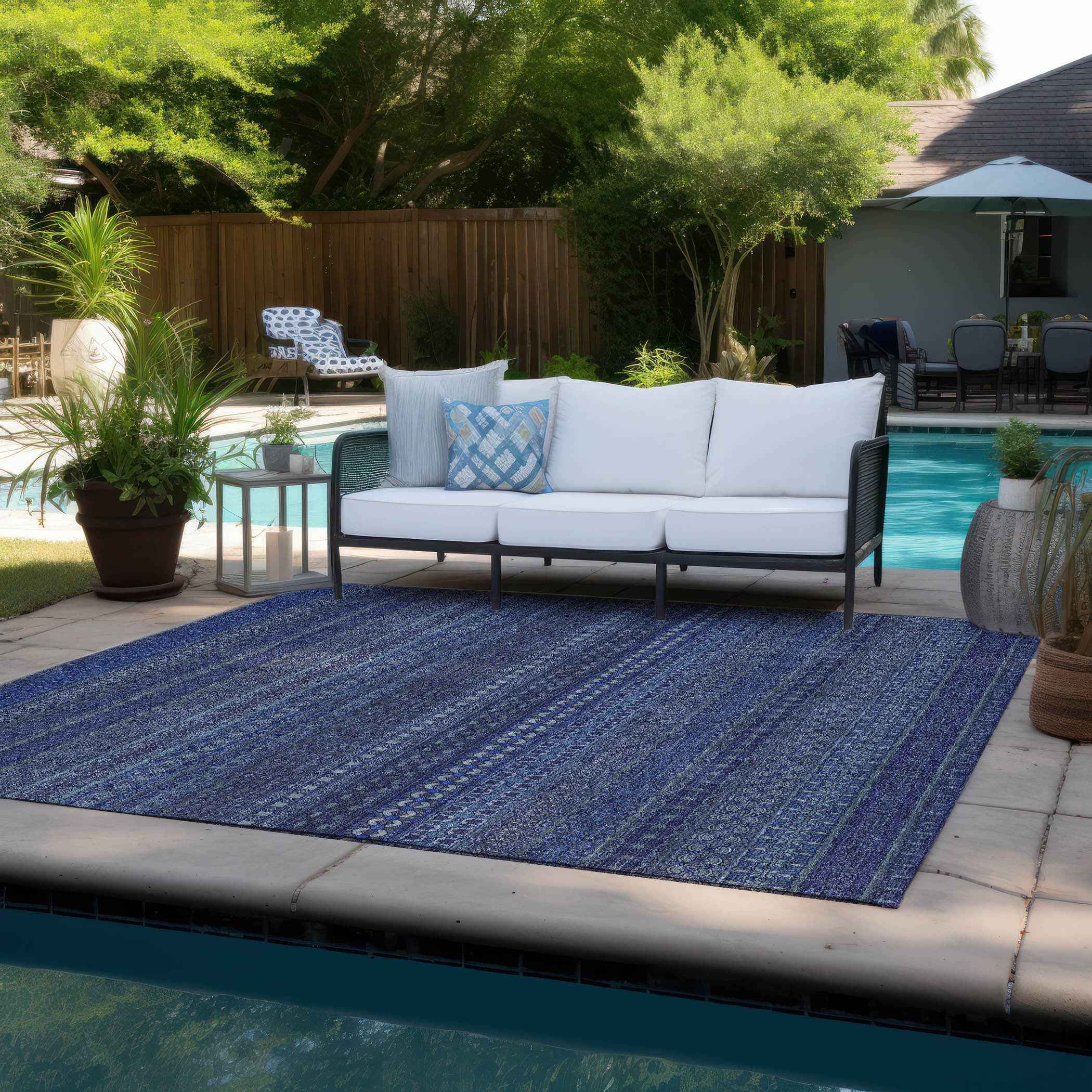 8' X 10' Navy Blue Striped Washable Non Skid Indoor Outdoor Area Rug