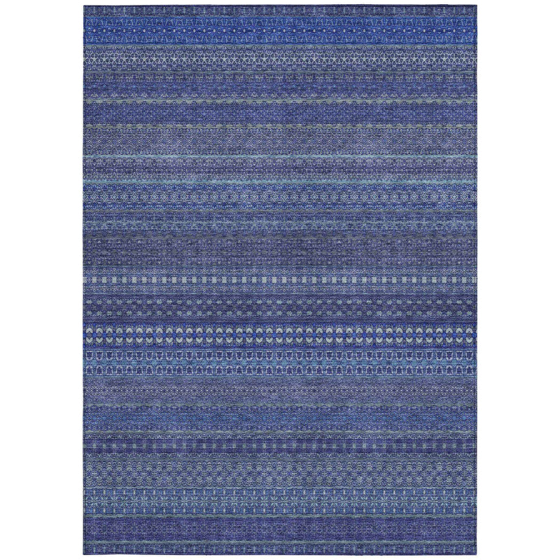 8' X 10' Navy Blue Striped Washable Non Skid Indoor Outdoor Area Rug