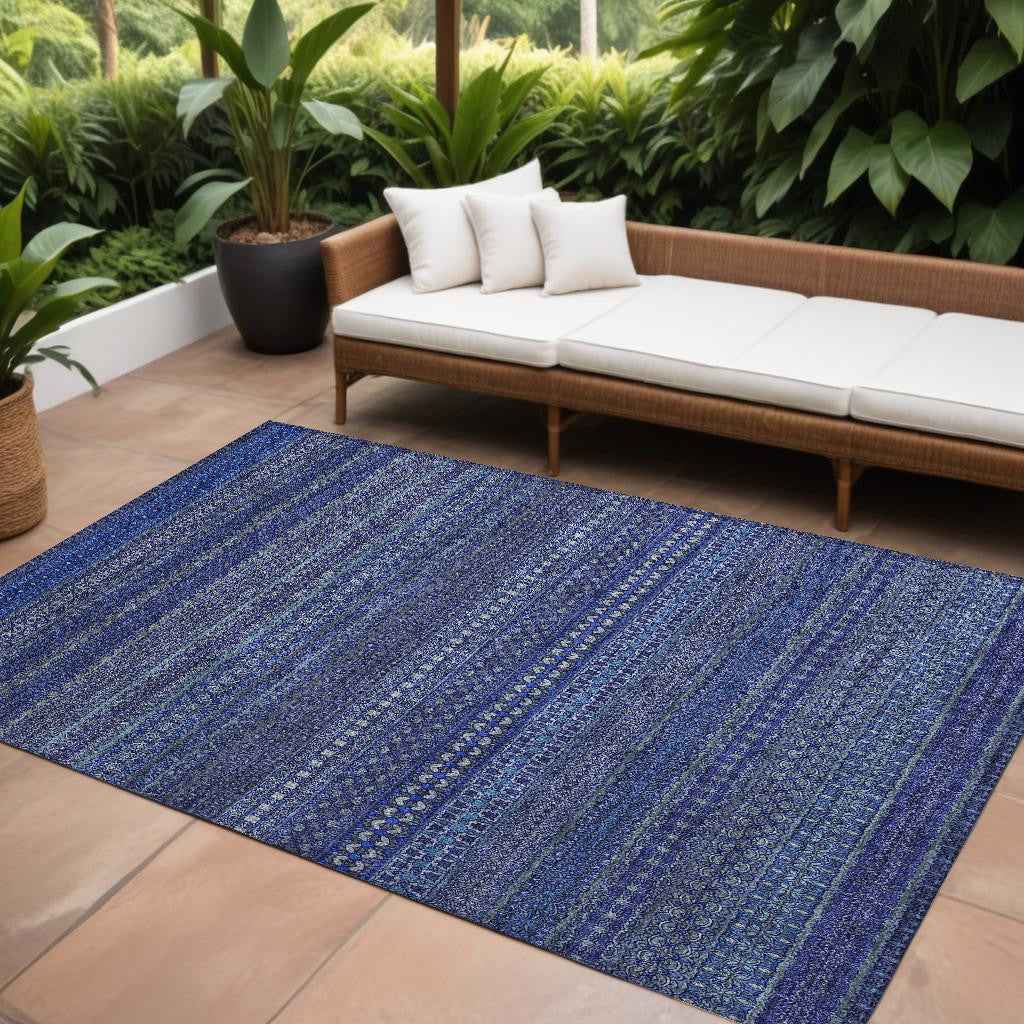 8' X 10' Navy Blue Striped Washable Non Skid Indoor Outdoor Area Rug