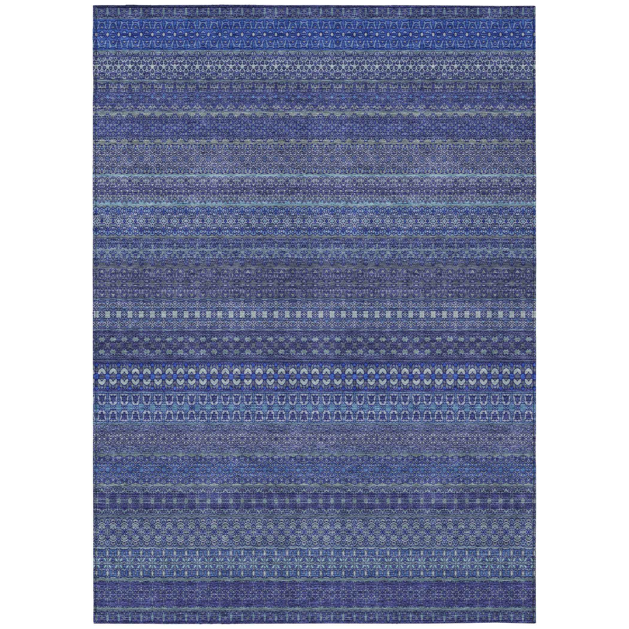 8' X 10' Navy Blue Striped Washable Non Skid Indoor Outdoor Area Rug