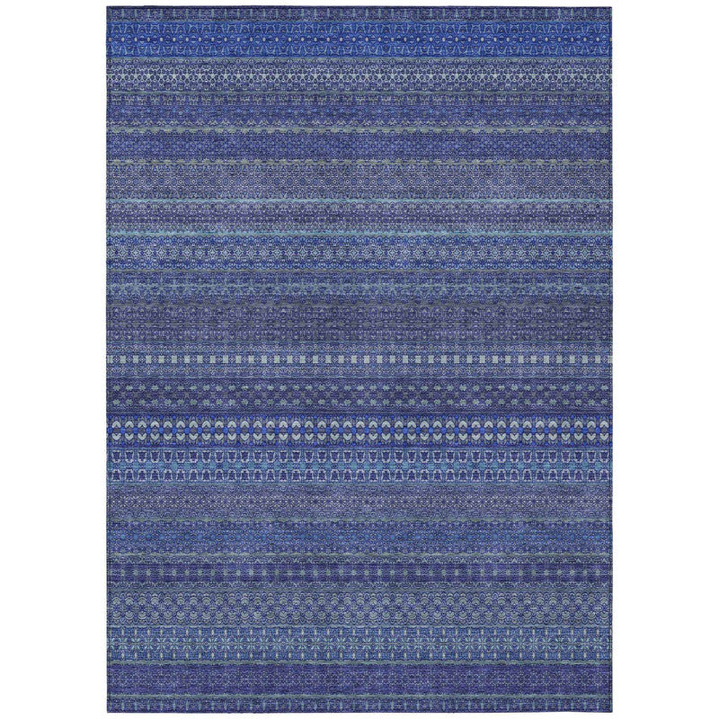 8' X 10' Navy Blue Striped Washable Non Skid Indoor Outdoor Area Rug