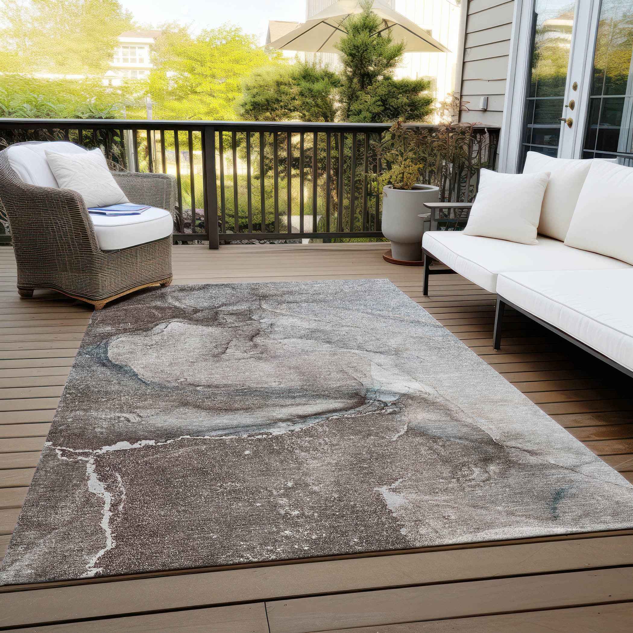 9' X 12' Taupe Abstract Washable Non Skid Indoor Outdoor Area Rug