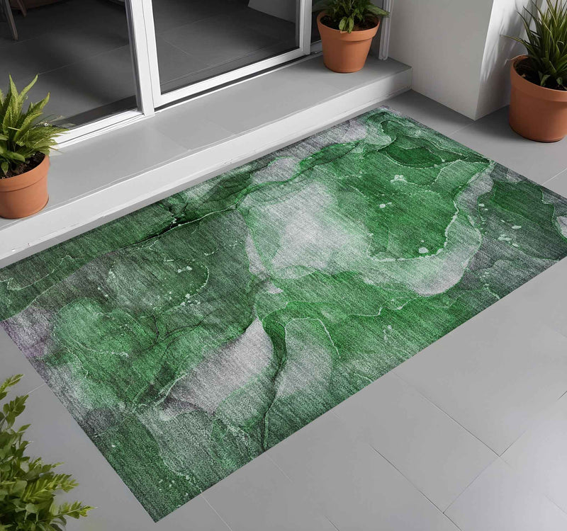 3' X 5' Emerald Abstract Washable Non Skid Indoor Outdoor Area Rug
