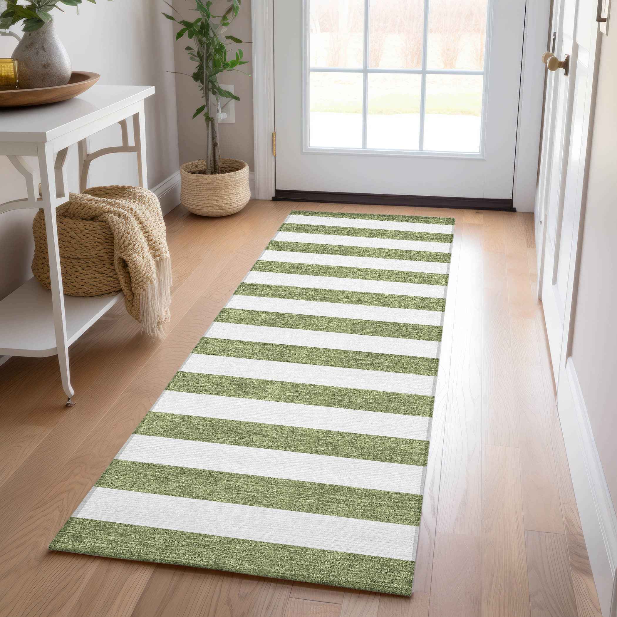 8' Runner Olive Green Striped Washable Non Skid Indoor Outdoor Runner Rug
