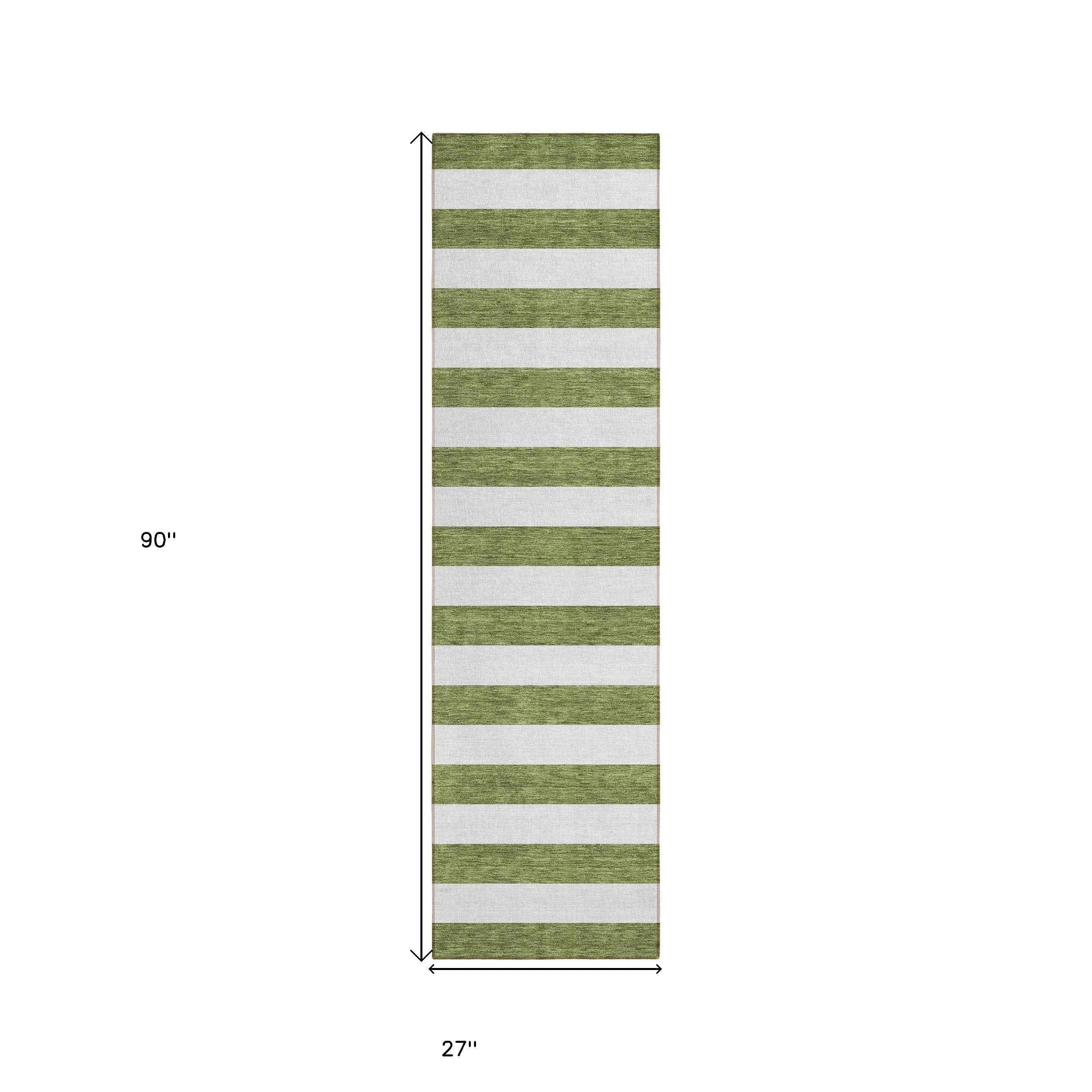 8' Runner Olive Green Striped Washable Non Skid Indoor Outdoor Runner Rug