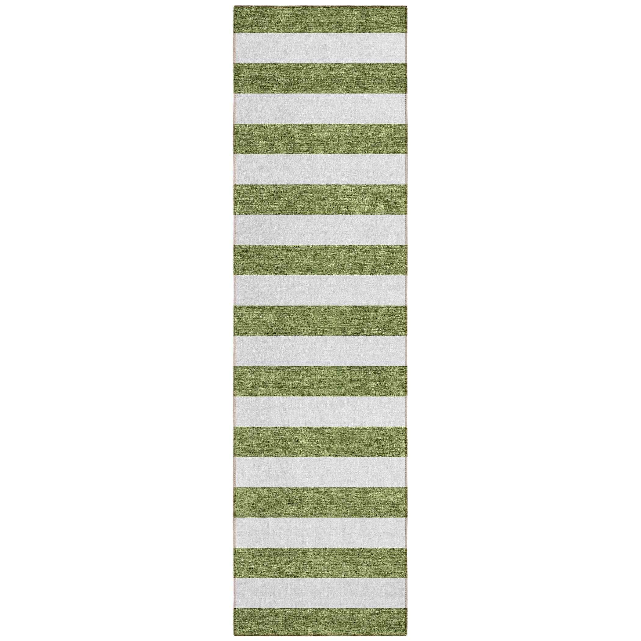 8' Runner Olive Green Striped Washable Non Skid Indoor Outdoor Runner Rug