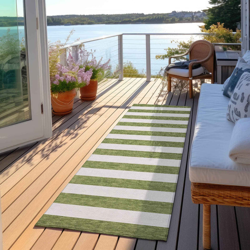 8' Runner Olive Green Striped Washable Non Skid Indoor Outdoor Runner Rug
