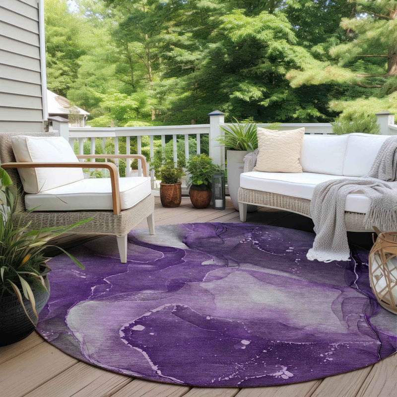 8' Round Purple Round Abstract Washable Non Skid Indoor Outdoor Area Rug