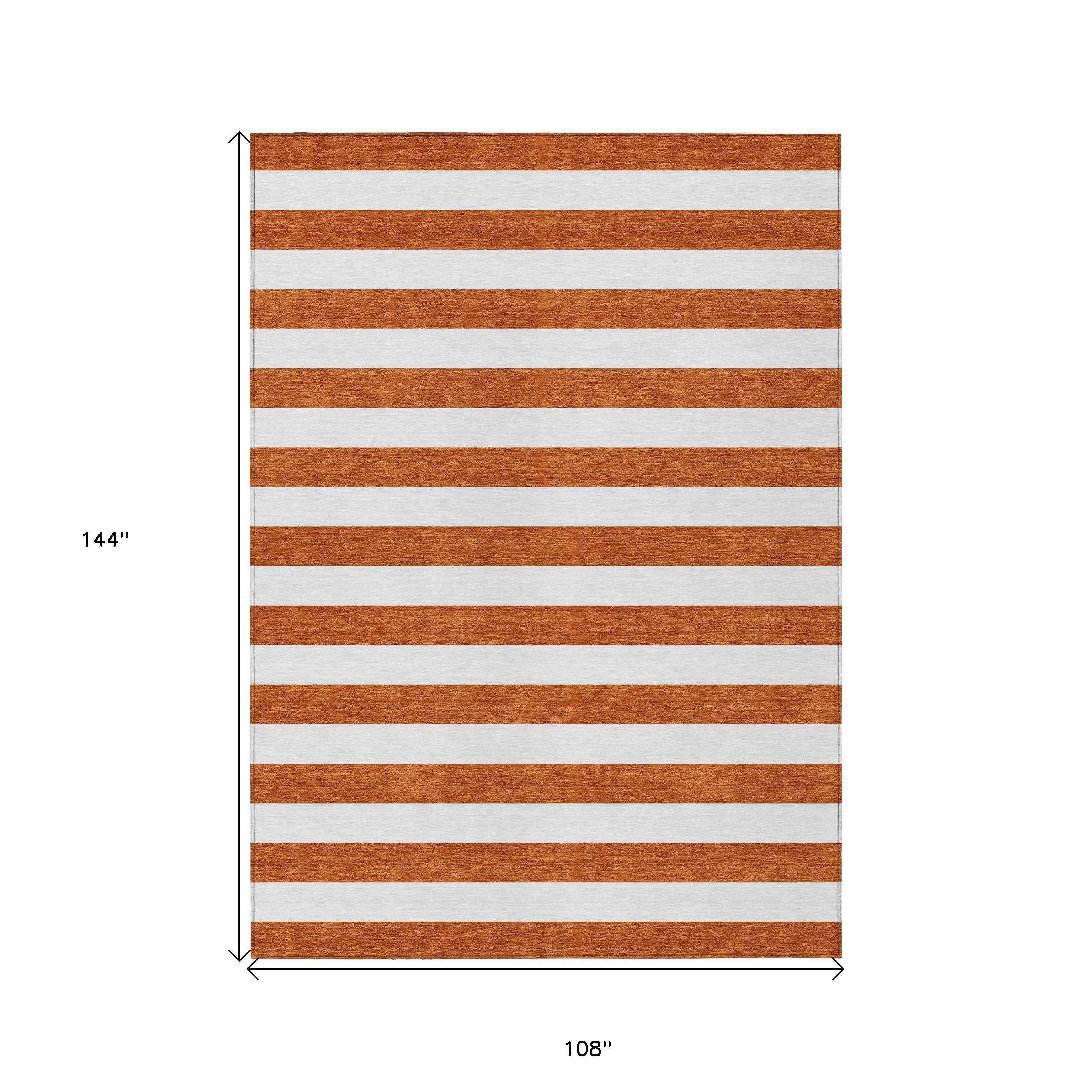 9' X 12' Orange Striped Washable Non Skid Indoor Outdoor Area Rug