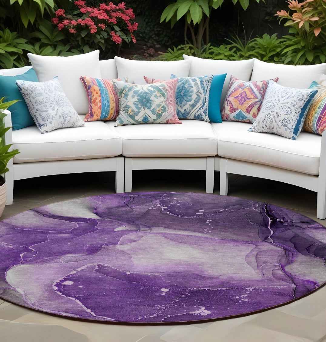 8' Round Purple Round Abstract Washable Non Skid Indoor Outdoor Area Rug