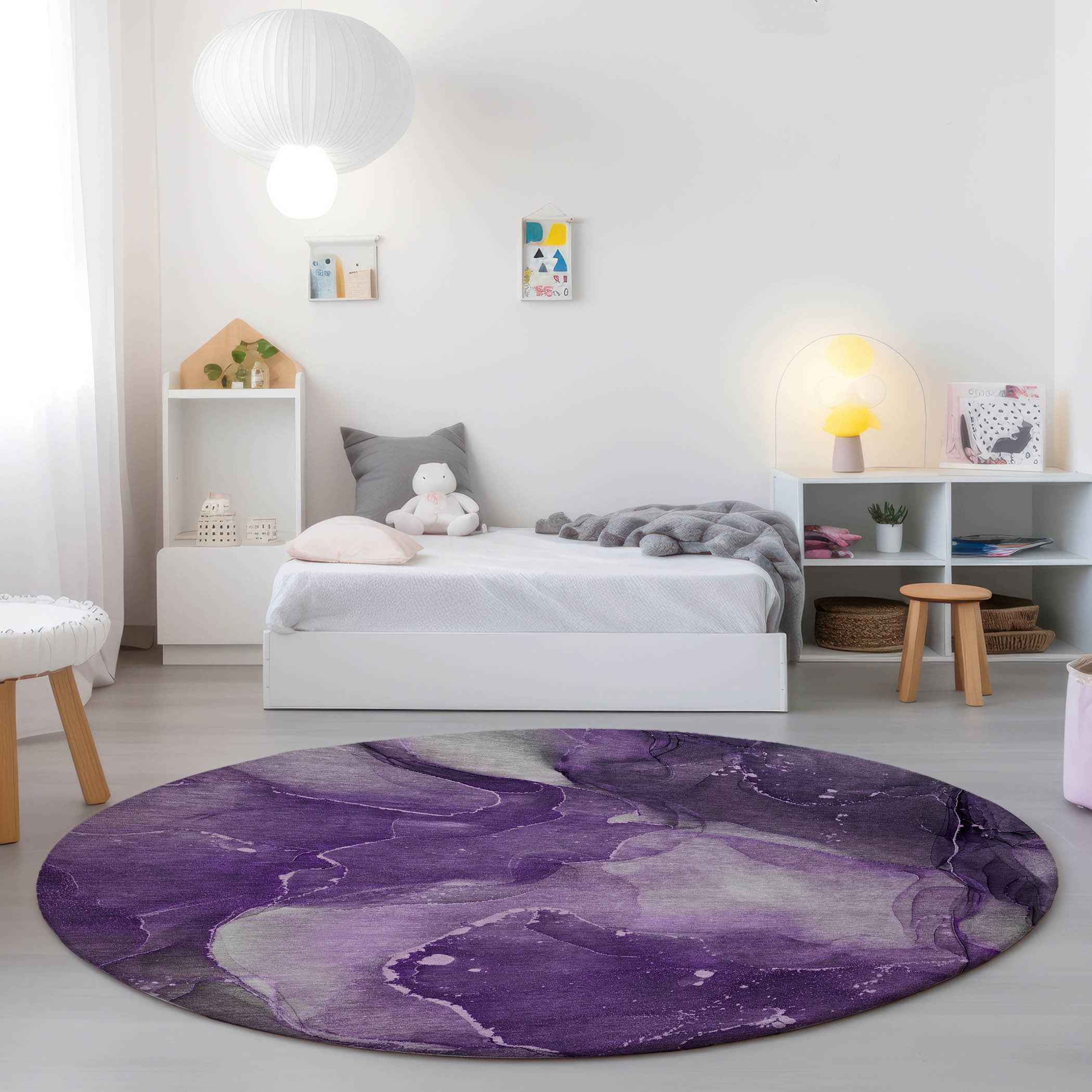 8' Round Purple Round Abstract Washable Non Skid Indoor Outdoor Area Rug