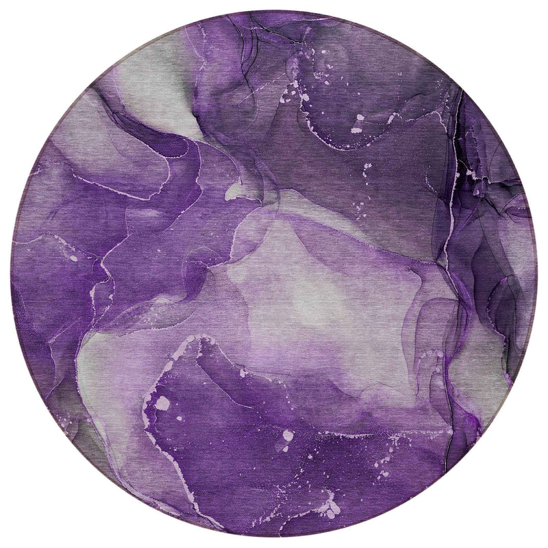 8' Round Purple Round Abstract Washable Non Skid Indoor Outdoor Area Rug
