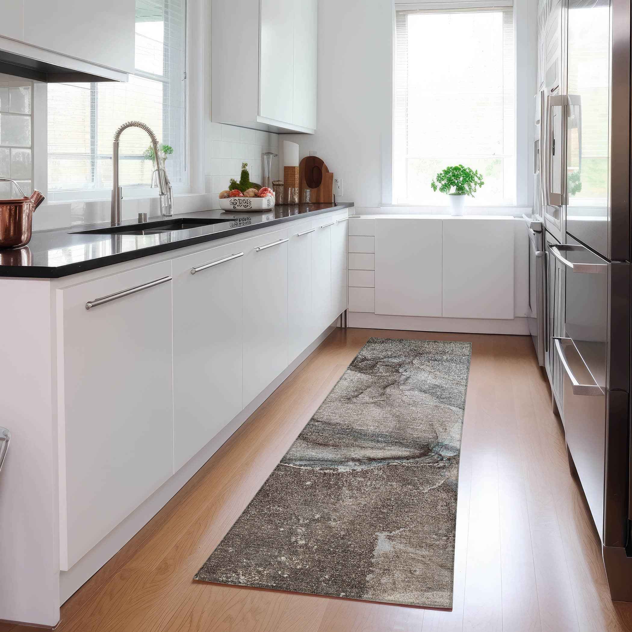 2' X 8' Taupe Abstract Washable Indoor Outdoor Runner Rug