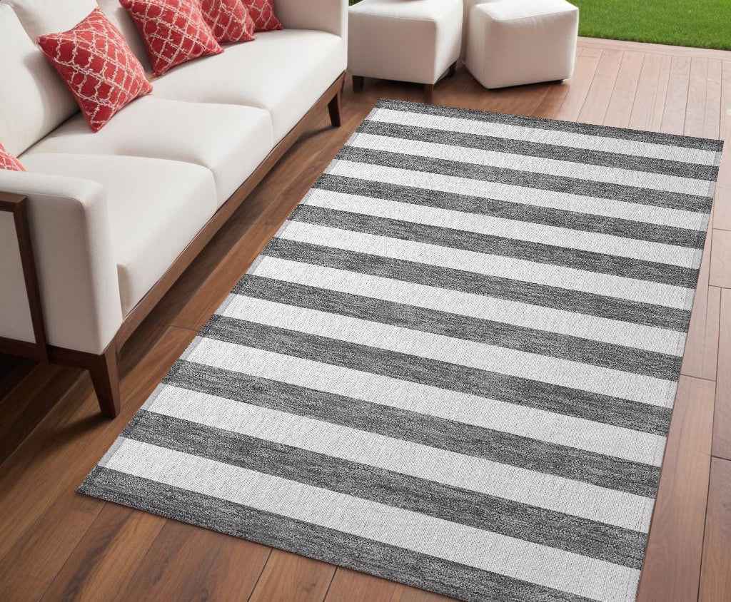 5' X 8' Charcoal Striped Washable Non Skid Indoor Outdoor Area Rug