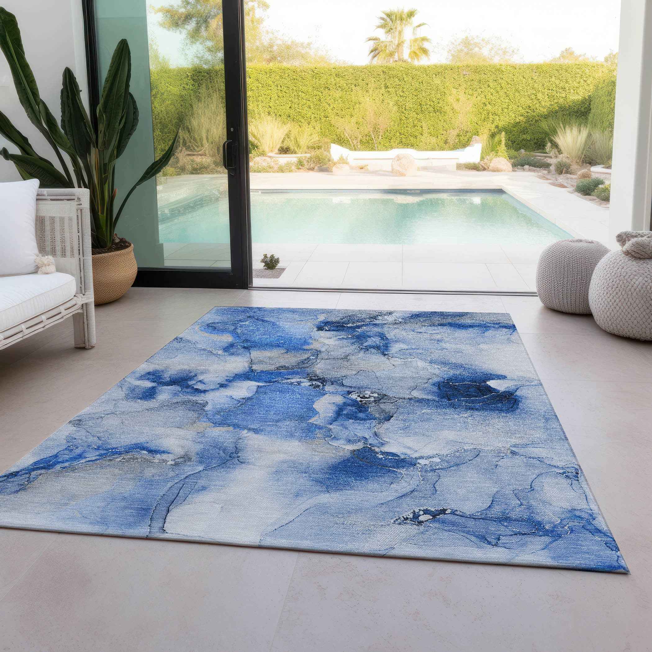 8' X 10' Navy Blue Abstract Washable Indoor Outdoor Area Rug