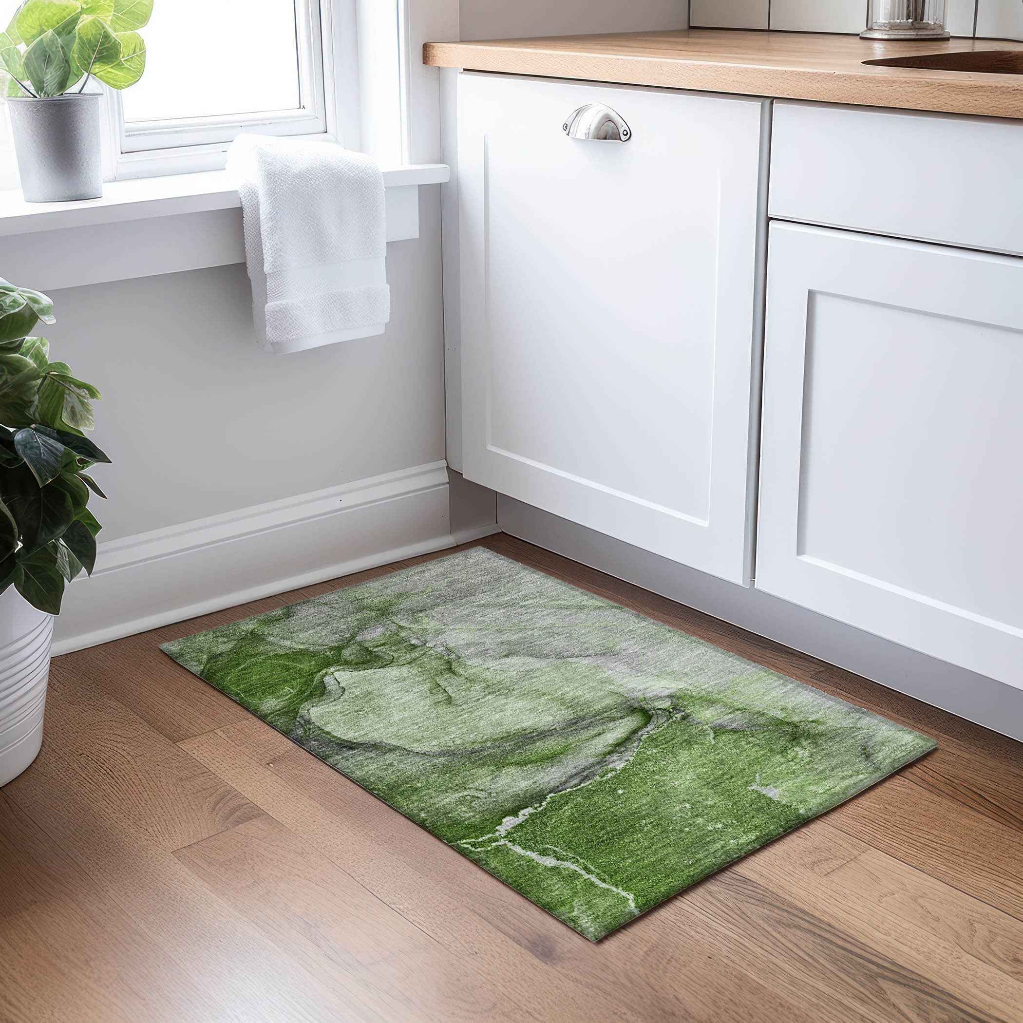 2' X 3' Olive Green Abstract Washable Non Skid Indoor Outdoor Area Rug