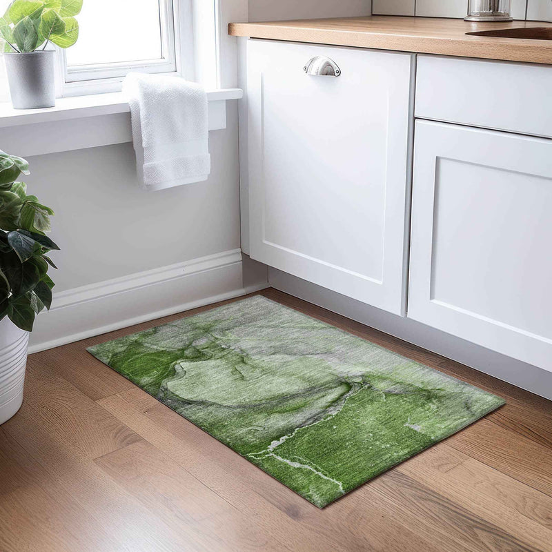 2' X 3' Olive Green Abstract Washable Non Skid Indoor Outdoor Area Rug