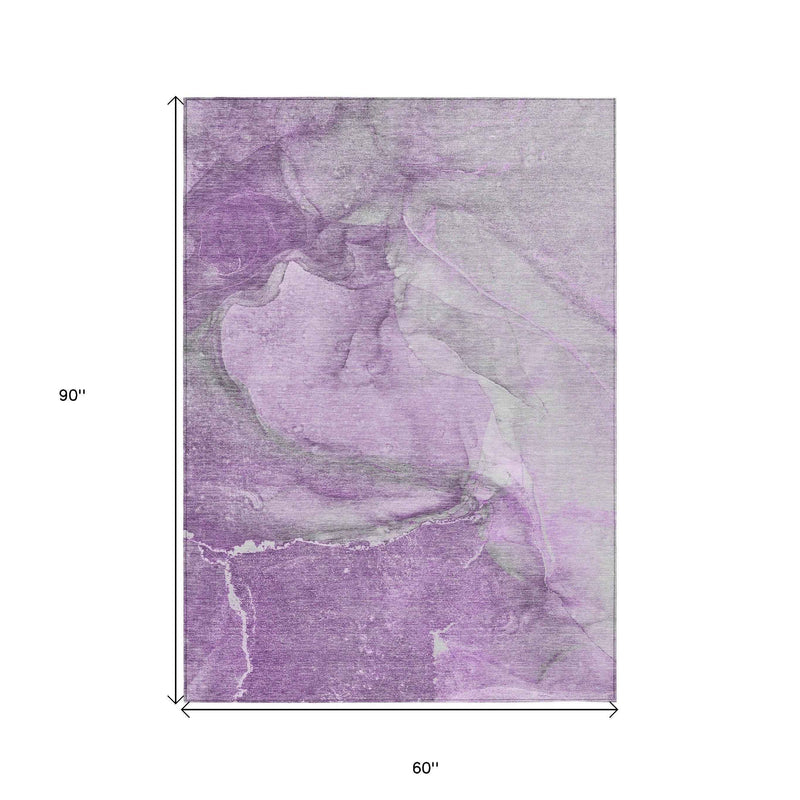 5' X 8' Lilac Abstract Washable Non Skid Indoor Outdoor Area Rug