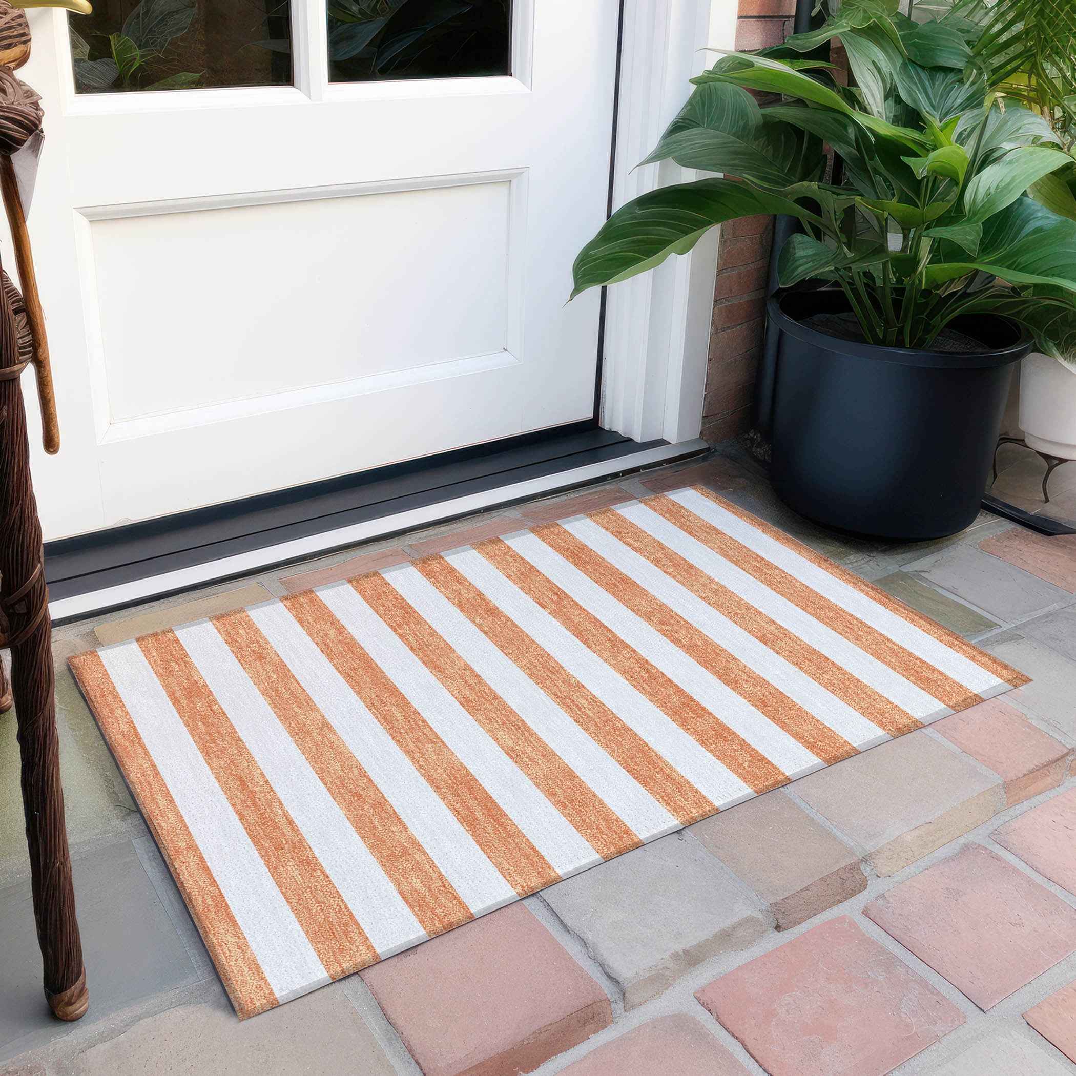 2' X 3' Salmon Striped Washable Non Skid Indoor Outdoor Area Rug