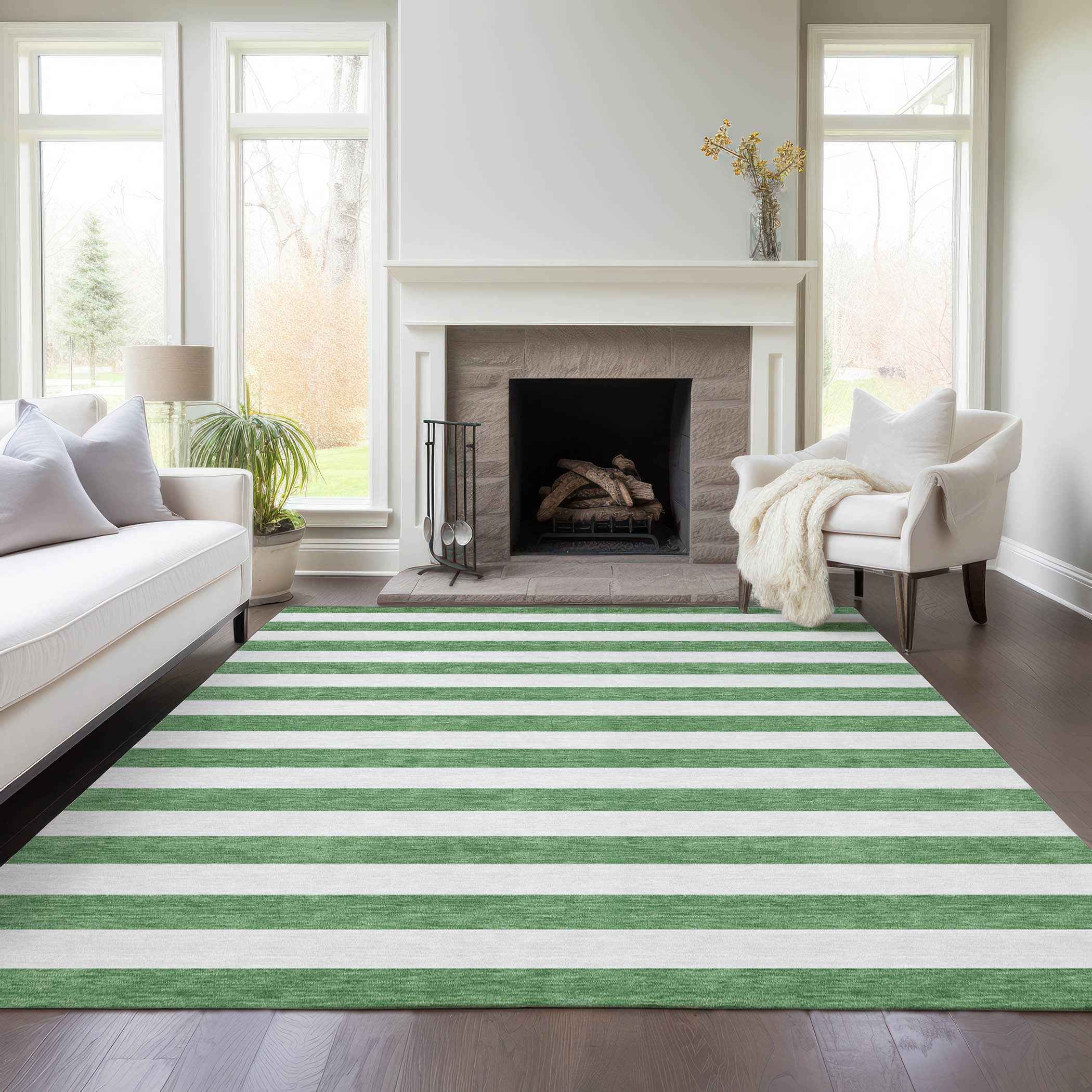 3' X 5' Green and White Striped Washable Indoor Outdoor Area Rug