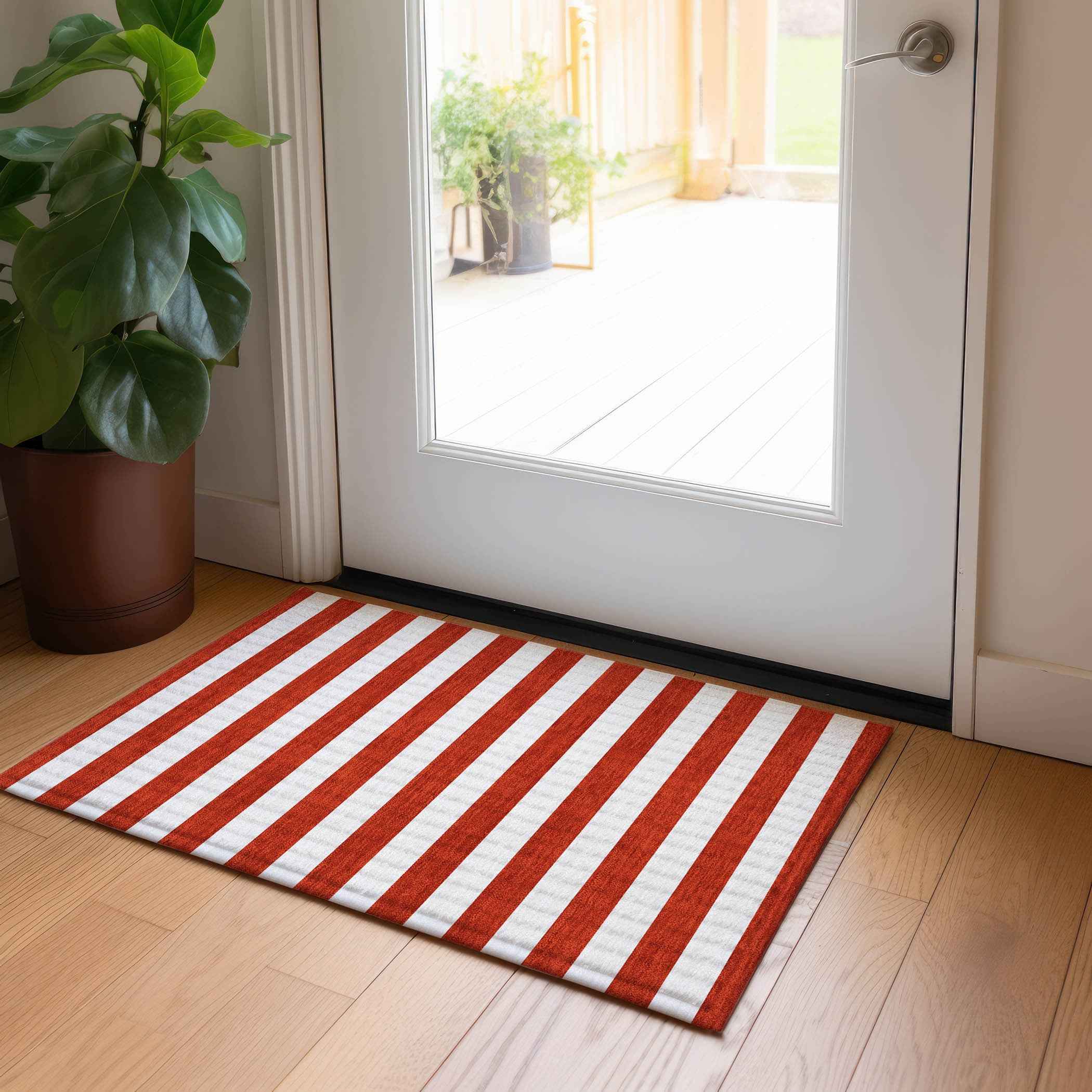 2' X 3' Red and White Striped Washable Non Skid Indoor Outdoor Area Rug